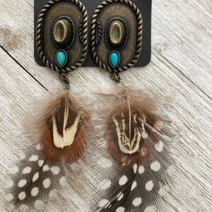 Western Cowboy Hat Feather Earrings with Turquoise Accent